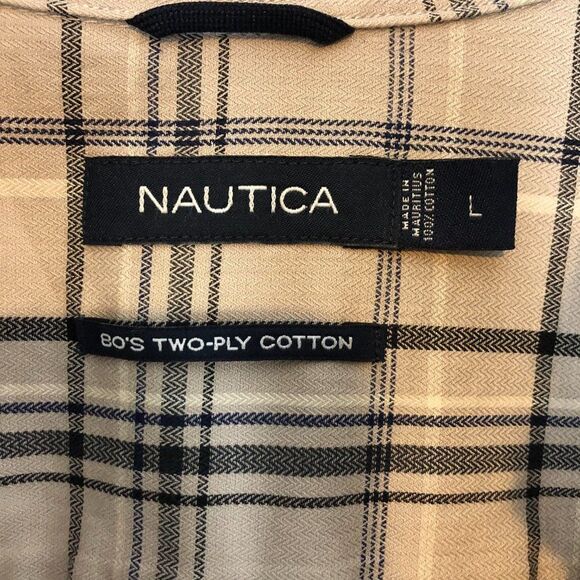 Nautica Men’s Button Down Long Sleeve Collared Shirt Size L Tan/Blue Plaid    LL - Picture 3 of 5